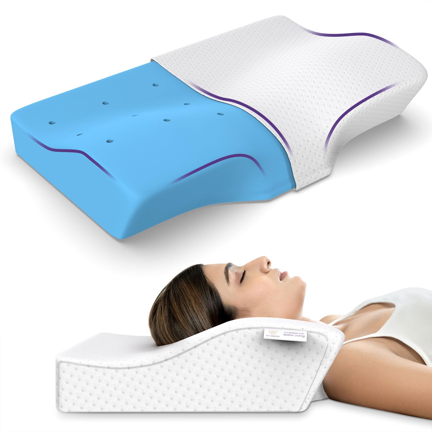 MY ARMOR Cool Gel Memory Foam Pillow, Orthopedic Cervical Pillow for Neck & Cervical Pain, with Extra Curve Neck Support, Orthopedic Support with Dual Height - Pack of 1